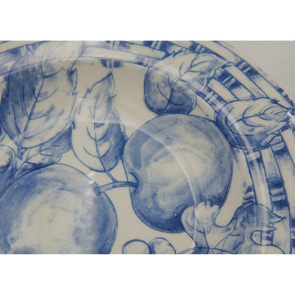 Pier 1 Soup Pasta Bowls Basket Weave Blue White Rim Apples Handpainted Italy S/3